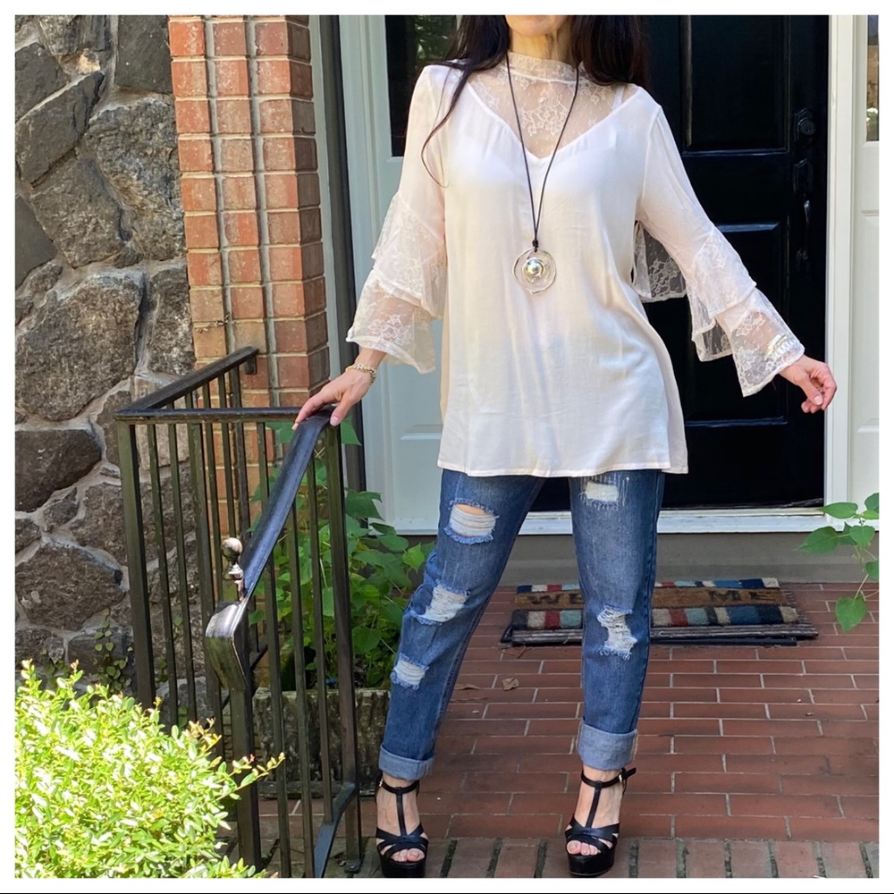 BOHO GYPSY CHIC LACE DETAIL BELL TOP - Picture 5 of 13